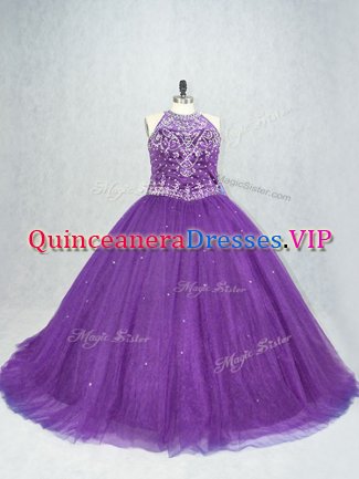 Pretty Sleeveless Tulle Brush Train Lace Up Sweet 16 Dress in Purple with Beading