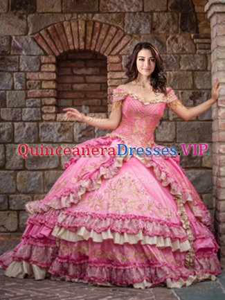 Wonderful Off the Shoulder Rose Pink Sleeveless Beading and Embroidery and Ruffled Layers Floor Length Quinceanera Gowns