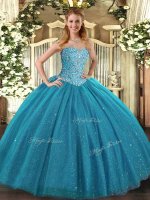 Captivating Teal Tulle Lace Up Sweetheart Sleeveless Floor Length Sweet 16 Quinceanera Dress Beading