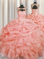 Great Baby Pink Ball Gowns Scoop Sleeveless Organza Floor Length Lace Up Beading and Pick Ups 15 Quinceanera Dress(SKU PSSW0420-4BIZ)