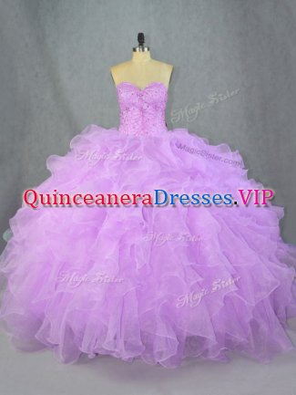 Lavender Organza Lace Up Sweet 16 Dress Sleeveless Floor Length Beading and Ruffles