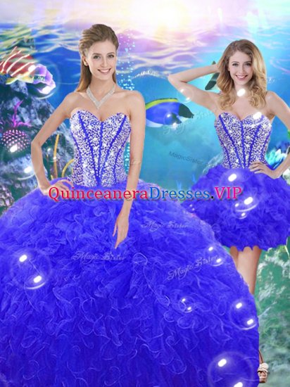Ideal Blue Lace Up Ball Gown Prom Dress Beading and Ruffles Sleeveless Floor Length - Click Image to Close