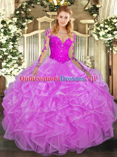 Noble Scoop Long Sleeves Lace Up Ball Gown Prom Dress Lilac Organza - Click Image to Close