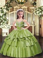 Beautiful Olive Green Sleeveless Floor Length Beading and Ruffled Layers Lace Up Little Girls Pageant Dress