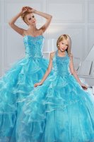 Aqua Blue Sweetheart Lace Up Beading and Ruffled Layers Ball Gown Prom Dress Sleeveless