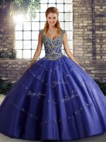 Purple Ball Gowns Beading and Appliques Quince Ball Gowns Lace Up Tulle Sleeveless Floor Length
