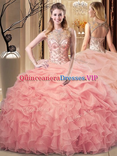 Peach Scoop Neckline Beading and Ruffles and Pick Ups Quince Ball Gowns Sleeveless Lace Up - Click Image to Close