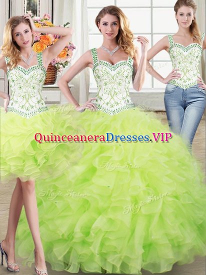 Three Piece Yellow Green Organza Lace Up Straps Sleeveless Floor Length Quinceanera Dress Beading and Lace and Ruffles - Click Image to Close