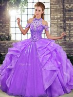 Popular Lavender Organza Lace Up Halter Top Sleeveless Floor Length Quinceanera Dress Beading and Ruffles