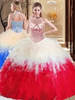 Halter Top Tulle Sleeveless Floor Length 15th Birthday Dress and Beading and Ruffles(SKU YSQD061BIZ)