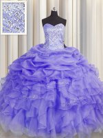 Sleeveless Organza Floor Length Lace Up Sweet 16 Dress in Lavender with Beading and Ruffles