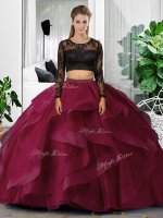 Wonderful Fuchsia Two Pieces Tulle Scoop Long Sleeves Lace and Ruffles Floor Length Backless Quinceanera Dress