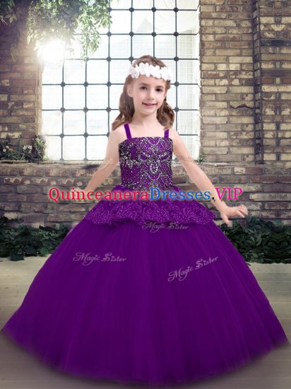 Straps Sleeveless Lace Up Little Girls Pageant Dress Purple Tulle - Click Image to Close