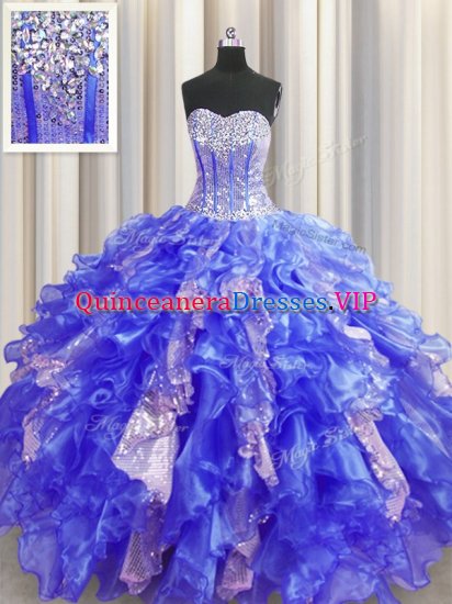 Visible Boning Organza and Sequined Sleeveless Floor Length Sweet 16 Dresses and Beading and Ruffles and Sequins - Click Image to Close