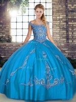 Blue Sleeveless Floor Length Beading and Embroidery Lace Up Quinceanera Gowns