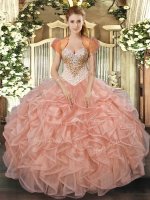 Custom Designed Peach Sleeveless Beading and Ruffles Floor Length 15th Birthday Dress