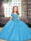 High End Floor Length Blue Glitz Pageant Dress Tulle Sleeveless Beading