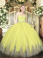 Flirting Yellow Zipper Quinceanera Gowns Beading and Lace and Appliques Sleeveless Floor Length