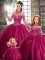 Shining Tulle Halter Top Sleeveless Brush Train Lace Up Beading Quinceanera Dress in Fuchsia