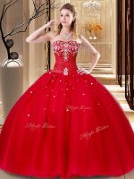 Red Tulle Lace Up Quinceanera Dresses Sleeveless Floor Length Beading and Embroidery