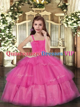 Super Hot Pink Ball Gowns Ruffled Layers Little Girls Pageant Gowns Lace Up Tulle Sleeveless Floor Length