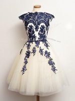 Custom Made Scalloped Sleeveless Vestidos de Damas Mini Length Appliques Blue And White Tulle