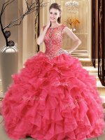 Stunning Coral Red Quinceanera Dress Military Ball and Sweet 16 and Quinceanera with Beading and Ruffles Scoop Sleeveless Lace Up(SKU QDDTA128002-4BIZ)