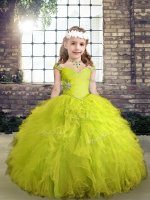 Custom Designed Sleeveless Lace Up Floor Length Beading and Ruffles Little Girl Pageant Dress