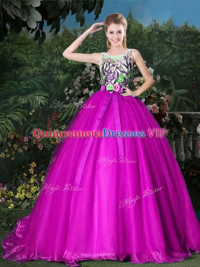 Suitable Scoop Zipper 15th Birthday Dress Fuchsia for Military Ball and Sweet 16 and Quinceanera with Appliques and Belt Brush Train - Click Image to Close