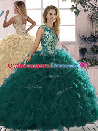 Scoop Sleeveless Sweet 16 Dress Floor Length Beading and Ruffles Peacock Green Organza