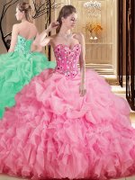 High End Sleeveless Organza Brush Train Lace Up Sweet 16 Dresses in Rose Pink with Embroidery and Ruffles and Pick Ups