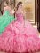 High End Sleeveless Organza Brush Train Lace Up Sweet 16 Dresses in Rose Pink with Embroidery and Ruffles and Pick Ups