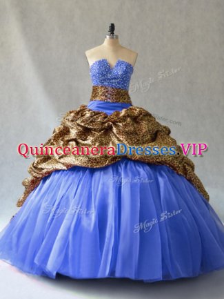 High End Blue Organza and Printed Lace Up Sweet 16 Dresses Sleeveless Brush Train Beading and Pick Ups