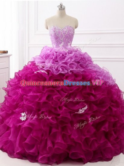 Designer Multi-color Organza Lace Up 15 Quinceanera Dress Sleeveless Brush Train Beading and Appliques and Ruffles - Click Image to Close