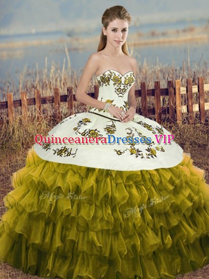 Inexpensive Embroidery and Ruffled Layers and Bowknot 15th Birthday Dress Olive Green Lace Up Sleeveless Floor Length - Click Image to Close