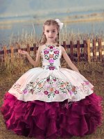 Cute Fuchsia Scoop Lace Up Embroidery and Ruffles Pageant Gowns For Girls Sleeveless