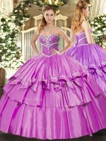 High End Lilac Quinceanera Gown Military Ball and Sweet 16 and Quinceanera with Beading and Ruffled Layers Sweetheart Sleeveless Lace Up