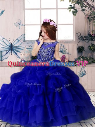 Cute Beading and Pick Ups Pageant Gowns For Girls Royal Blue Zipper Sleeveless Floor Length