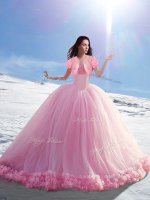 Shining Baby Pink Ball Gowns Tulle Off The Shoulder Sleeveless Hand Made Flower Lace Up Quinceanera Gown Brush Train
