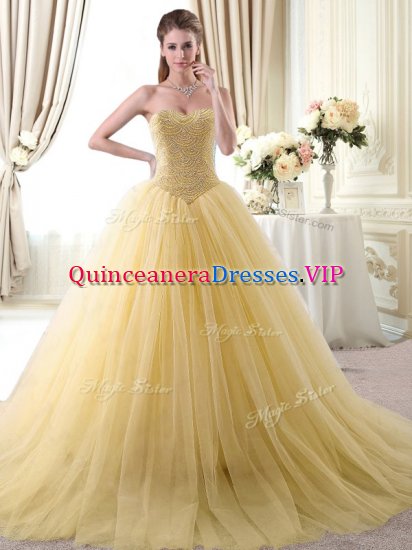 On Sale Floor Length Gold Vestidos de Quinceanera Tulle Sleeveless Beading - Click Image to Close