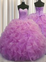 Elegant Lilac Ball Gowns Organza Sweetheart Sleeveless Beading and Ruffles Floor Length Lace Up Juniors Party Dress