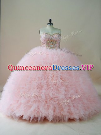 Brush Train Ball Gowns Sweet 16 Dresses Baby Pink Sweetheart Tulle Sleeveless Lace Up