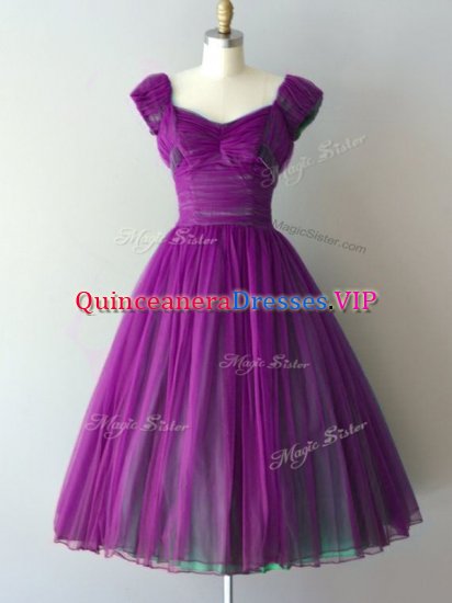 V-neck Cap Sleeves Chiffon Damas Dress Ruching Lace Up - Click Image to Close