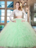 Scoop Long Sleeves Tulle Vestidos de Quinceanera Beading and Lace and Ruffles Zipper