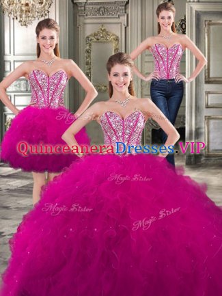 Comfortable Three Piece Fuchsia Sleeveless Floor Length Beading and Ruffles Lace Up Quinceanera Dress