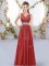 Free and Easy V-neck Sleeveless Quinceanera Dama Dress Floor Length Beading and Belt Wine Red Chiffon