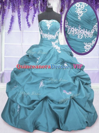 Superior Teal Sweet 16 Quinceanera Dress Military Ball and Sweet 16 and Quinceanera with Appliques and Pick Ups Strapless Sleeveless Lace Up - Click Image to Close