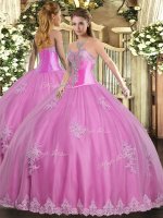 Rose Pink Sweet 16 Dress Military Ball and Sweet 16 and Quinceanera with Beading and Appliques Sweetheart Sleeveless Lace Up