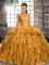 Affordable Gold Sleeveless Organza Brush Train Lace Up Quince Ball Gowns for Military Ball and Sweet 16 and Quinceanera