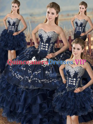 Suitable Navy Blue Sleeveless Floor Length Embroidery and Ruffles Lace Up Quinceanera Gown